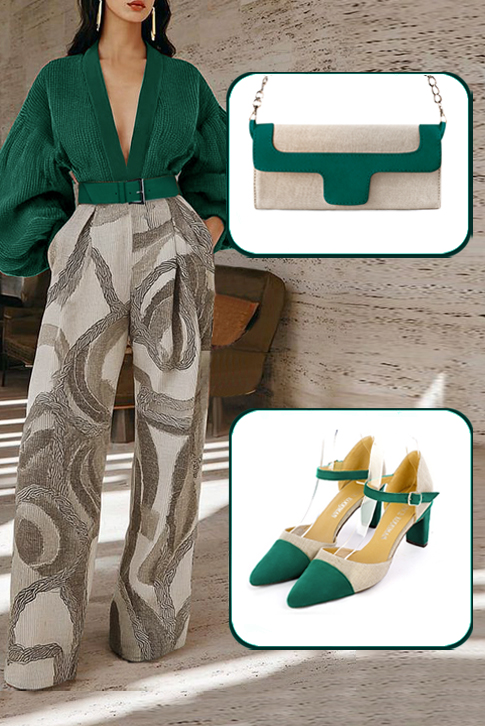 Women's emerald green and gold elegant closed-back heels, with an instep strap. Tapered toe. Medium comma heels - Worn view